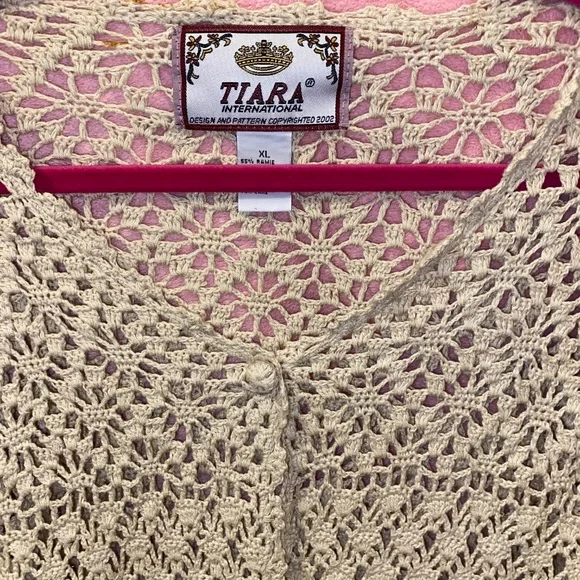 Vintage 90s Tiara Crochet Cardigan Longsleeve Nautical Beige Cream Taupe XL Fest - Picture 11 of 12